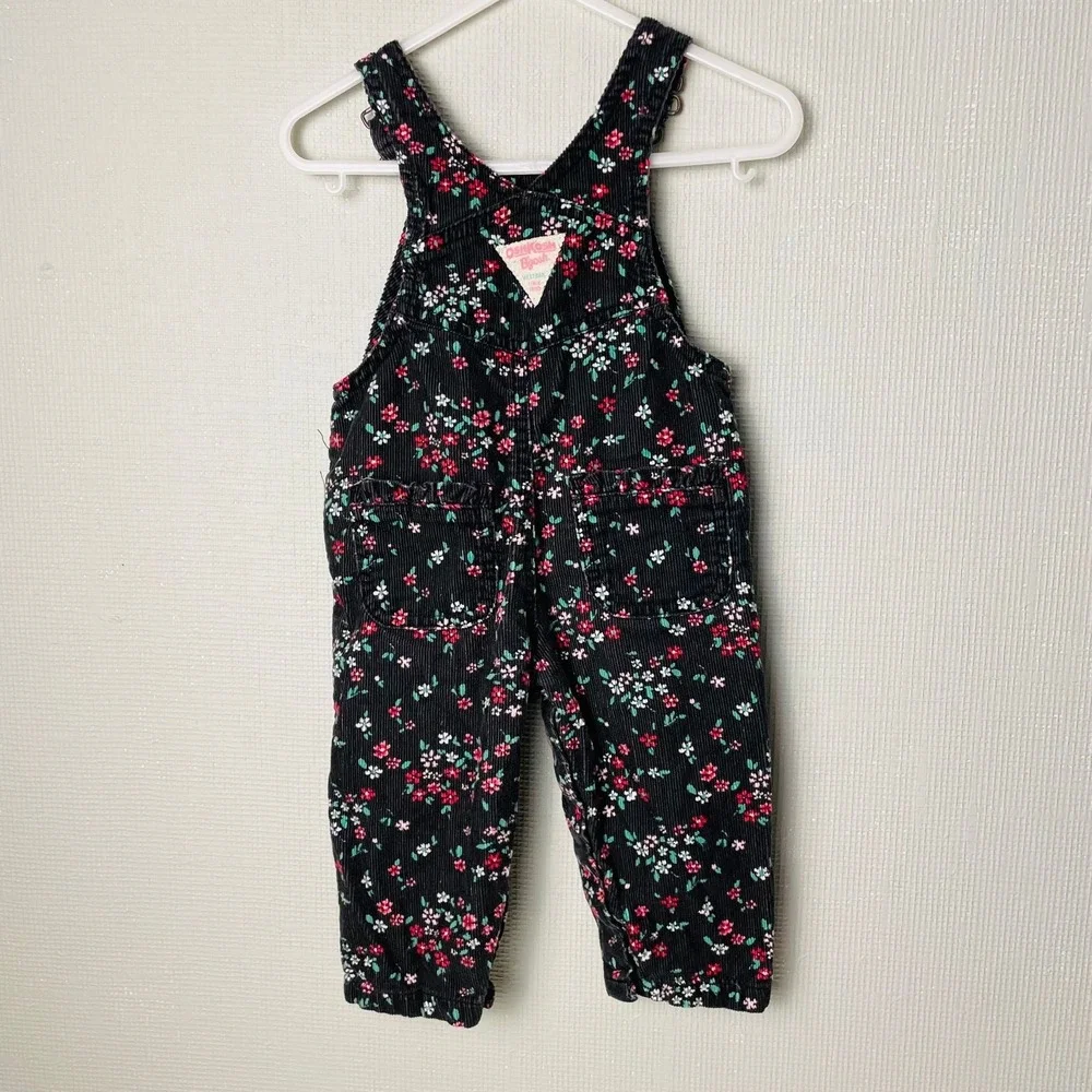 Vtg OshKosh B'gosh Overalls Black Floral Corduroy Bibs Girl 9 Months Cottagecore